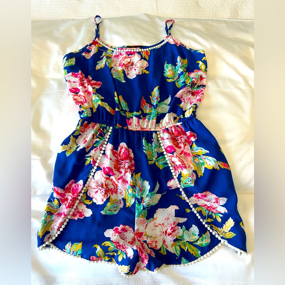 Aqua romper.Size large.Royal blue floral w/white Pom Pom detail. Spaghetti strap